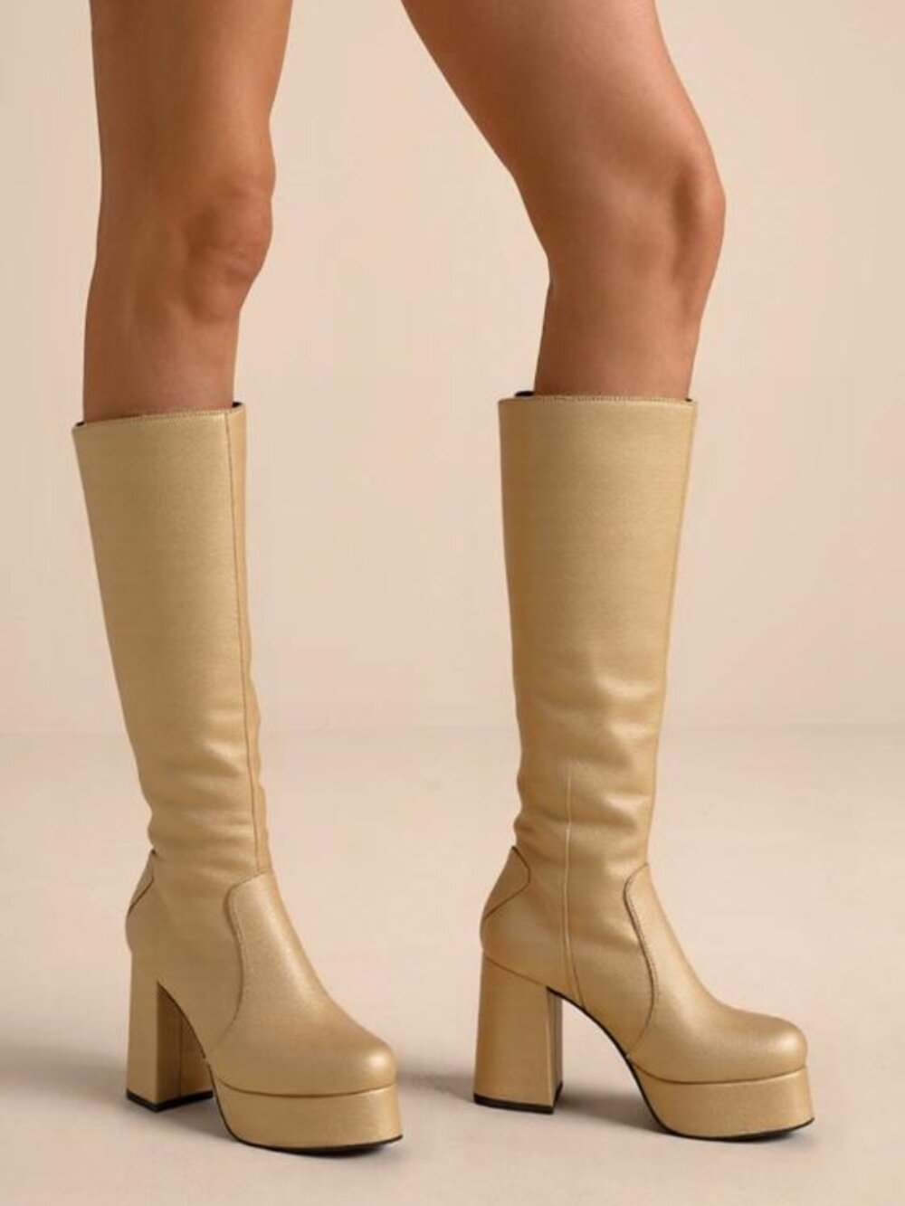 Women's Low Platform Knee High Boots with High Chunky Heels